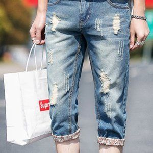 Stretch denim shorts men's slim straight